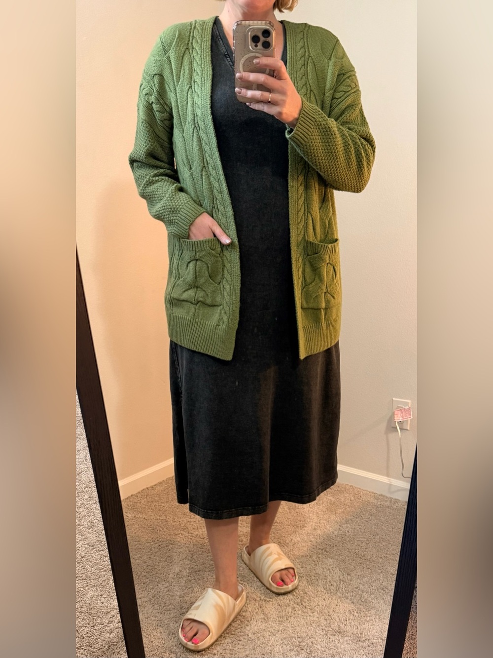 Olive Green Cable-Knit Open Cardigan Sweater